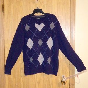 "CLUB ROOM" Dark blue/gray/tan diamond design long sleeve V-neck sweater SIZE:L